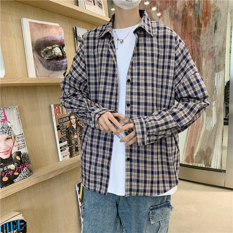 

Casual Shirts Men Plaid Baggy Korean Fashion Long Sleeve Blouse Large Size Men's Shirt Males Vintage Clothes Streetwear Tops, Blue