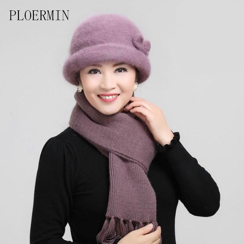 

New Winter Women Fur Hat Scarf Set Lady Warm Wool Knitted Plush Hat Scarf Sets Crochet Bonnet Mom Caps Shawl Gifts, Dark purple hat