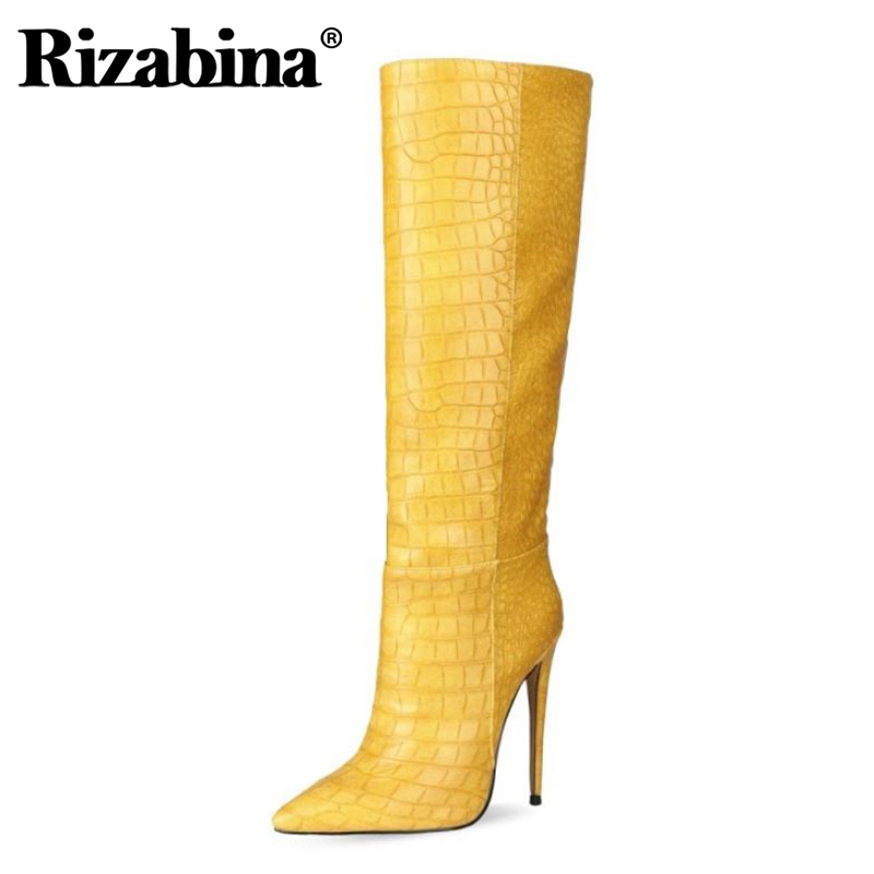 

Rizabina Women Shoes Knee Boots Pointed Toe Thin High Heel Slip On Shoes Stone Pattern Solid Color Cool Footwear Size 34-45, Ivory