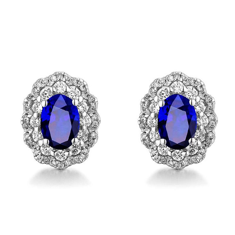 

Princess blue crystal sapphire gemstones diamond stud earrings for women white gold silver color jewelry brincos bijoux fashion