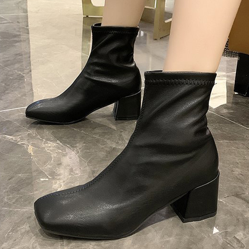 

New Women Boots PU Leather Autumn Winter Boots Female Thick Heel British Style Square Toe Elastic Short Ankle Shoes, Beige