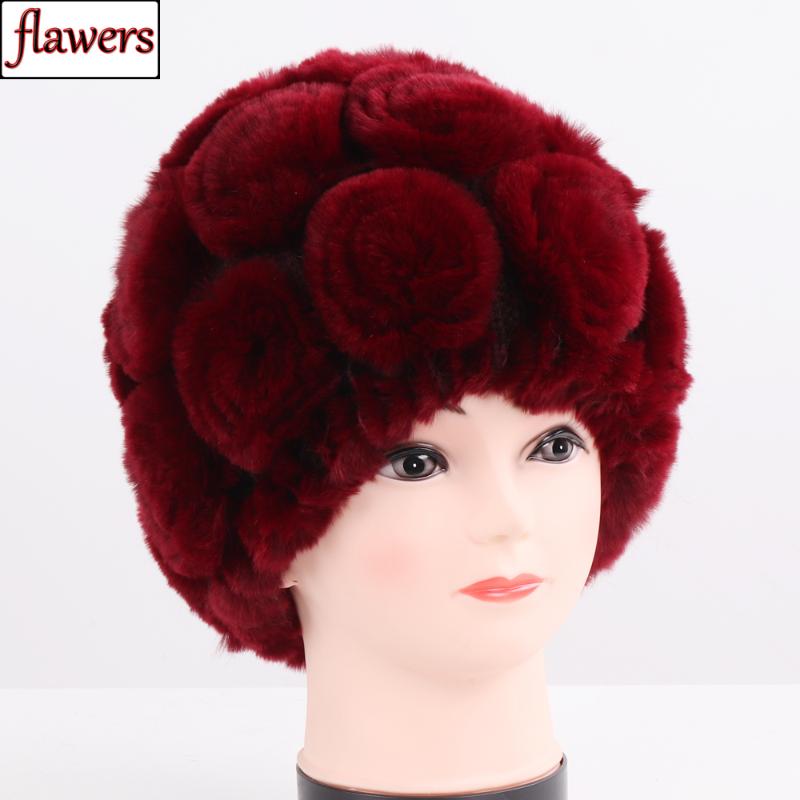 

2020 New Women Floral Real Rex Fur Beanies Cap Ladies Winter Warmer 100% Natural Rex Fur Hat Flowers Real Hats, Wine