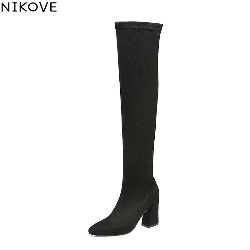 

NIKOVE 2020 Pointed Toe Women Boots Stretch Fabric Over The Knee Boots Pointed Toe Short Plush Ladies Winter Size 34-43, Black