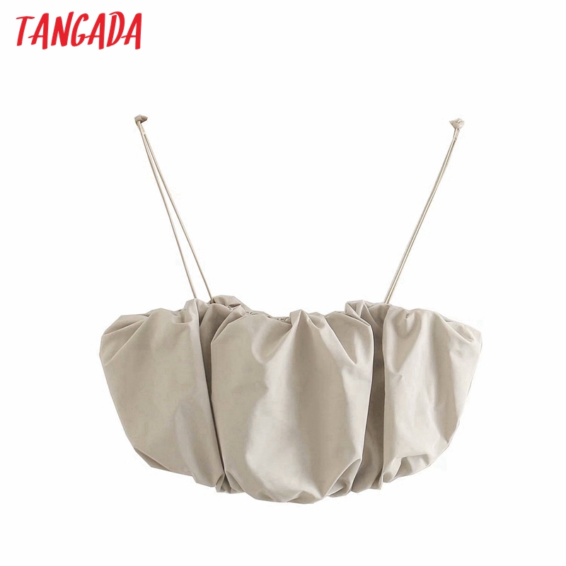 

Tangada women sexy pleated camis top spaghetti strap sleeveless backless short blouses shirts female casual solid tops 4M210, Gray