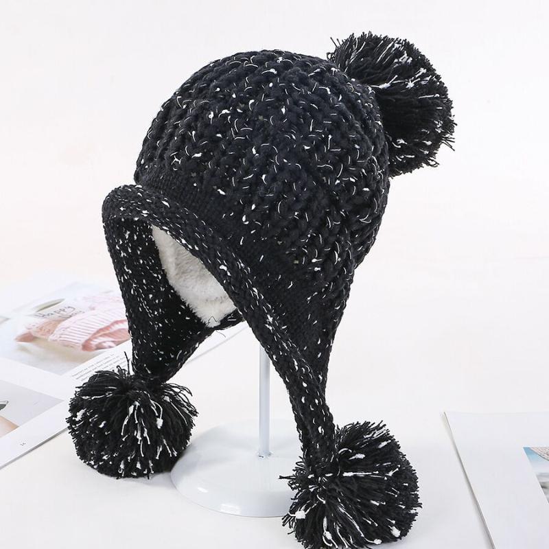 

New Women Winter Fashion Beanies Sweet Cute Hedging Cap Velvet Wool Hat Student Hair Ball Caps Warm Color Mixing Knit Hat, Black