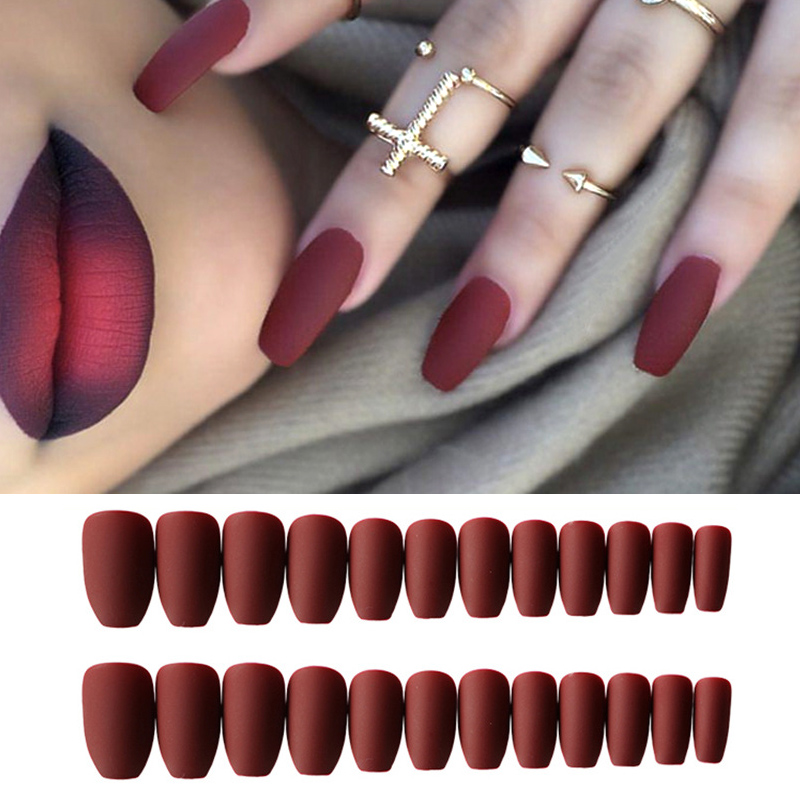 

24pcs Wine Red Matte Coffin Ballerina False Nail Art Tips With Glue Acrylic Full Cover Fake Nails Manicure Press on Nail Tools, 164