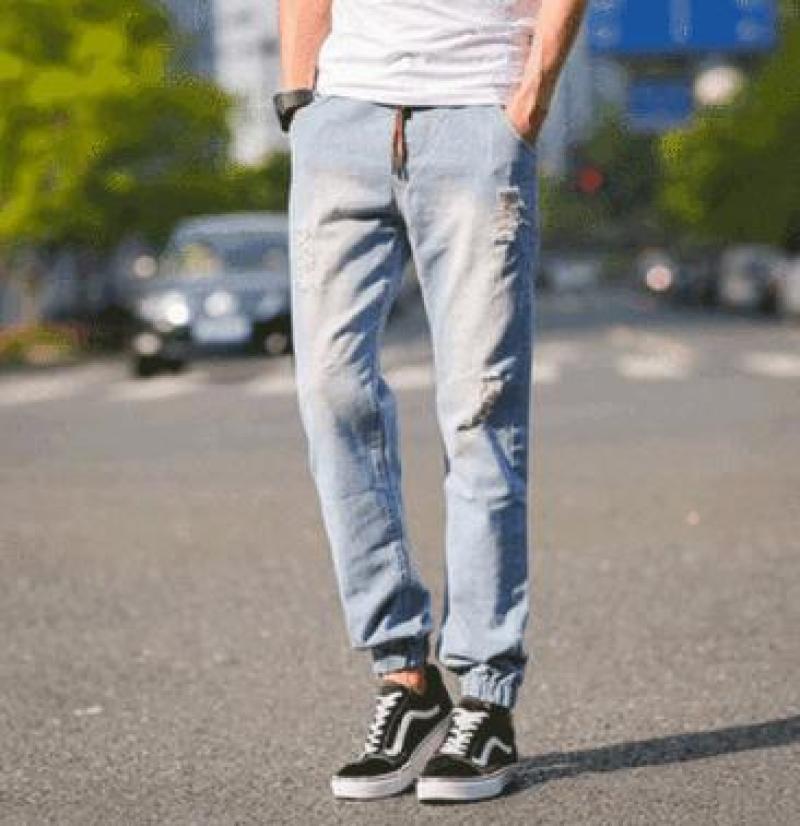 

Thin hole closed foot jeans for men, Light blue