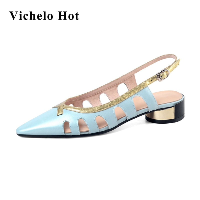 

Vichelo Hot large size real leather hollow mixed colors small square toe med round heel buckle straps daily wear women pumps L66, Blue