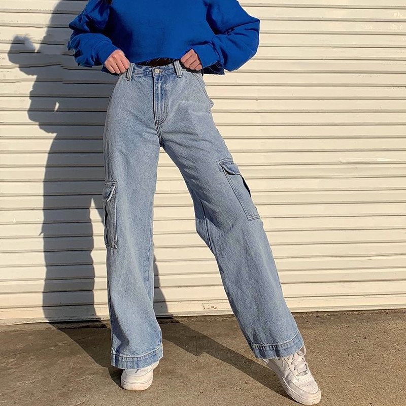 

Summer Vintage Women Pockets High Waist Straight Streetwear Loose Flare Jeans, Blue
