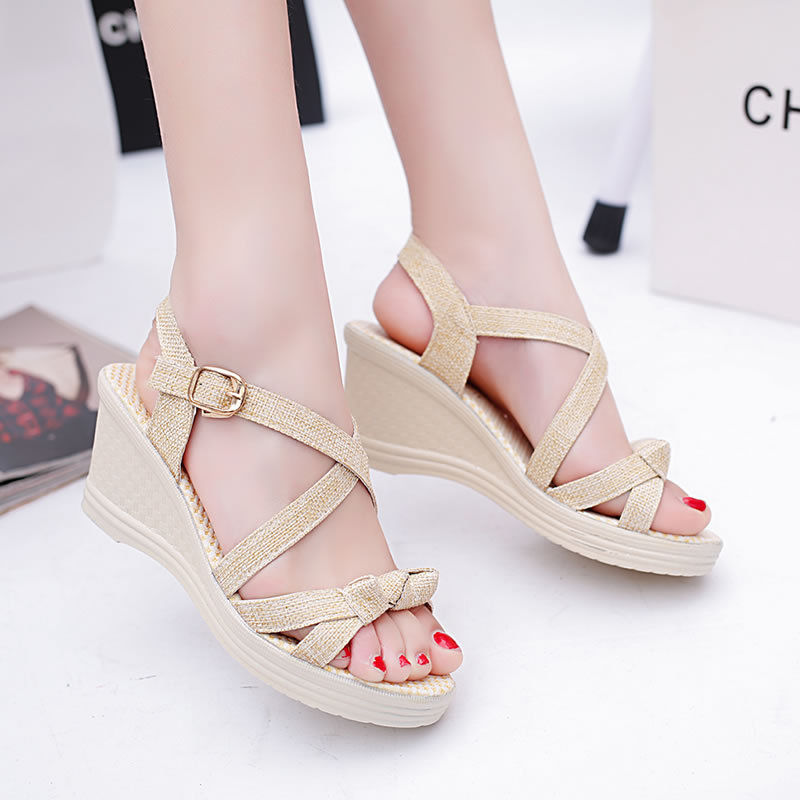 

Peep Toe Fashion Platform Platform Wedges Women Sandals Cross-Strap Print Buckle Strap Women Shoes Med Front Rear Strap Sandals, Beige