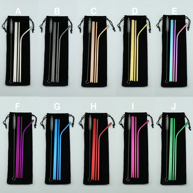 

Wholesale BPA Free Reusable Straw Set Portable Striaght Bent Clean Brush Colorful 4+1 Stainless Steel Straw Set Include Bag