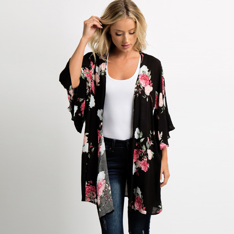 

Women Chiffon Kimono Cardigan Blouse Floral Print 3/4 Sleeve Boho Beachwear Cover Up Casual Loose Sunprioof Cardigans blusas, Black