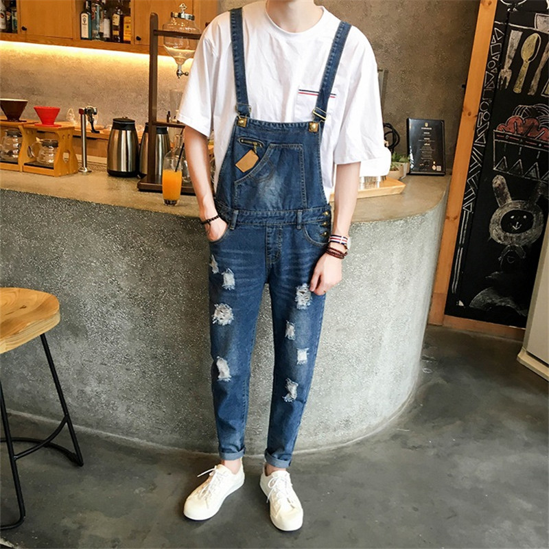 

Summer Mens skinny jean overalls Male Hip hop Suspenders Distrressed trousers Casual bib jeans, Blue