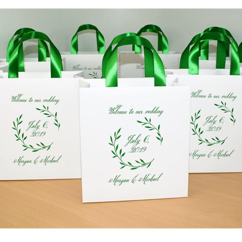 

Personalized 25 Greenery Wedding Welcome Bags with satin ribbon & custom names, Elegant Green bag for wedding favor for guests