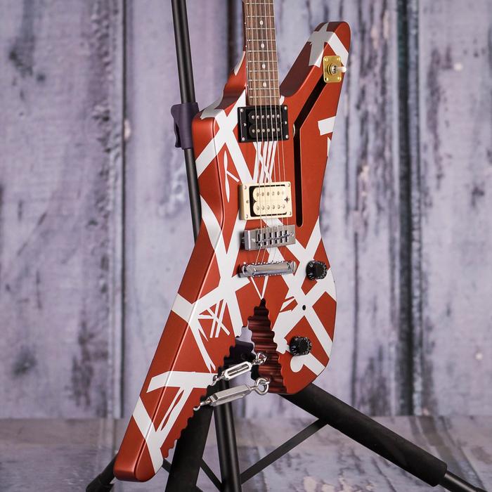 

Edward Van Halen Striped Series Shark Satin Urethane Burgundy Silver Stripes Electric Guitar Chrome Eye Hooks w/ Turnbuckles, Braid Wire