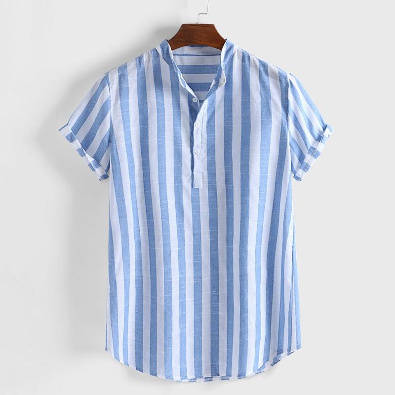 

2020 Summer Men Shirts Striped Cotton Linen Shirts Henry Colla Loose Casual Shirt Korean Clothes Chemise Homme Camisas Hombre, Blue