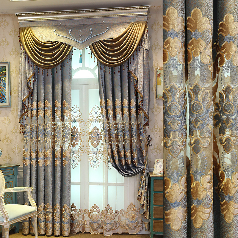 

European Style Curtains for Living Room Dining Room Bedroom Chenille Curtains Embroidered Valance Finished Product Customization, Blue tulle