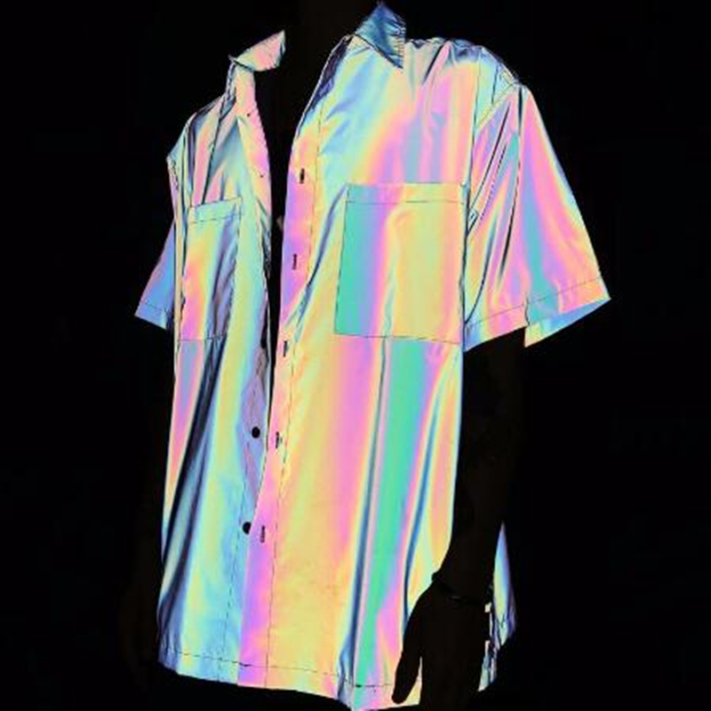 

Spring summer holographic reflection colorful reflective shirt men short sleeve street hip hop punk blouse man vintage casual rainbow shirts
