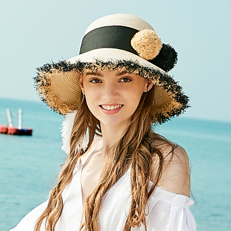 

Sedancasesa Summer Fashion Straw Hat for Women Beach Casual Sun Hat Wide Brim Visors Caps Straw with Cute Balls, Self color