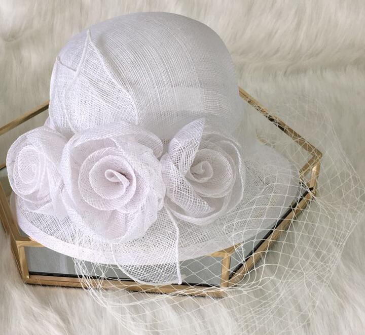 

Ladies Wide Brim Fashion Ladies Hats with flower for Wedding hats, White