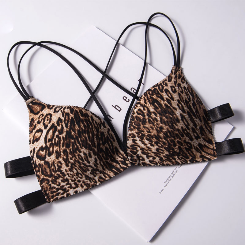

Fashion Leopard Print Bras Front Buckle Sexy Beauty Back Deep V Gather Bras Lingeries Cross Floral Women