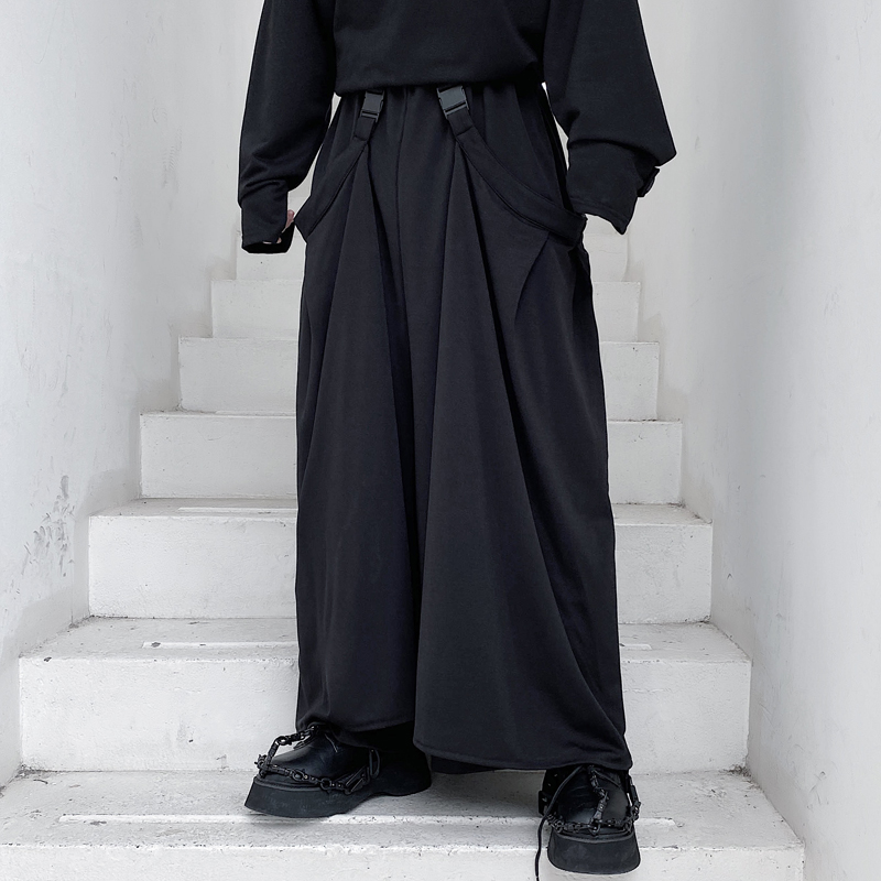 

Men's Detachable Side Cloth Wide Leg Casual Pants Male Japan Style Vintage Fashion Loose Skirt Pants Stage Clothing, Kk1040