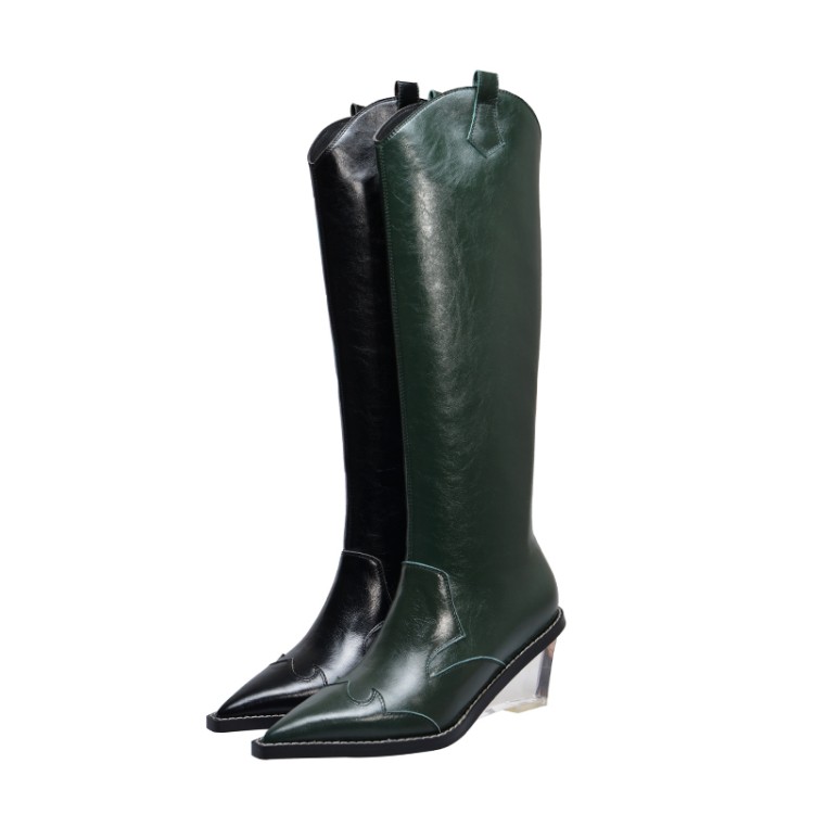

Autumn winter 2020 Western Cowboy Boots For Woman Leather Mid-calf Pointed Toe Clear Heels Thigh High Combat Punk Shoes Botas, As picture