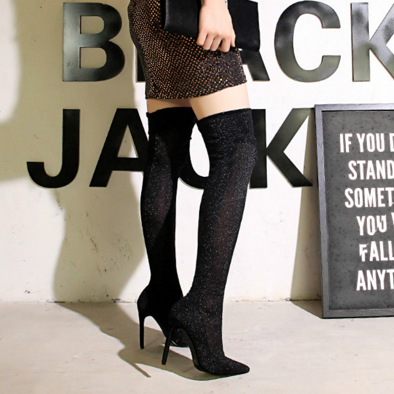 

LTARTA Sexy Club Thin Pedicure Thin Heeled Super High Heels Pointed Liang Pian Bu Hose Over-the-Knee Boots DS-125-1, Black