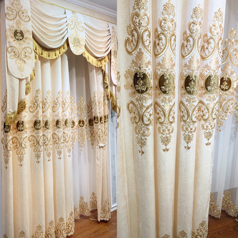 

High-end beige European style living room chenille embroidered curtains finished study bedroom bay window curtains, Tulle