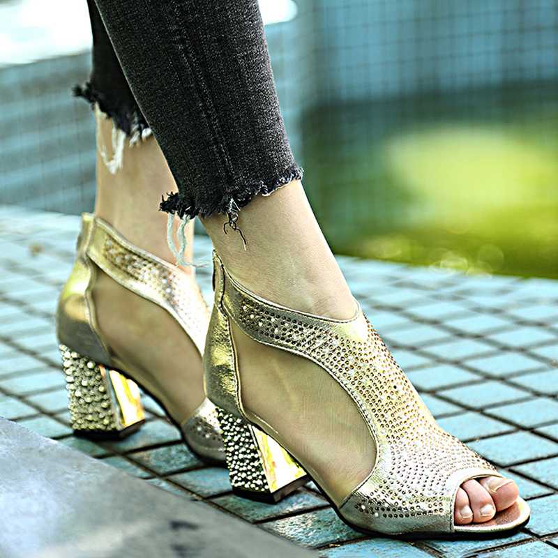 

2020 Gladiator Women Sandals Bling Peep Toe Diamond Square Heel Women Shoes Summer Wedding Shoes Platform Sandalia Mujer, Gold