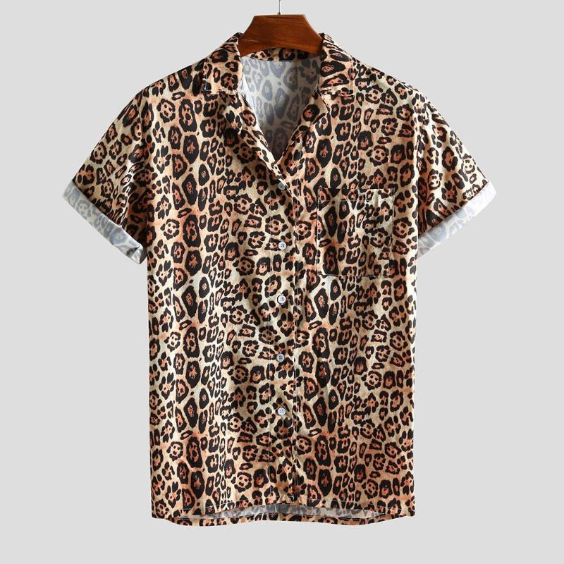 

Men Shirt 2020 Fashion Brand Short Sleeve Men Leopard Shirt Mens Dress Shirts With Cufflinks Camisa Masculina Streetwear, Black