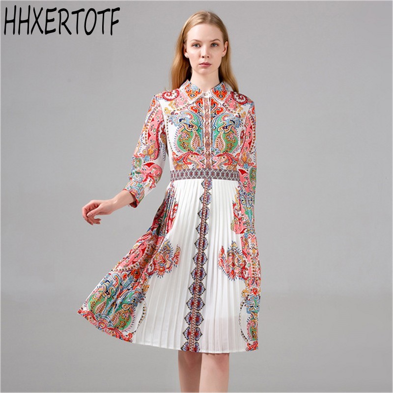 

2020 autumn winter Women Floral Print Pleated Dress Female Casual Long Sleeve turn down Neck Dresses, As picture