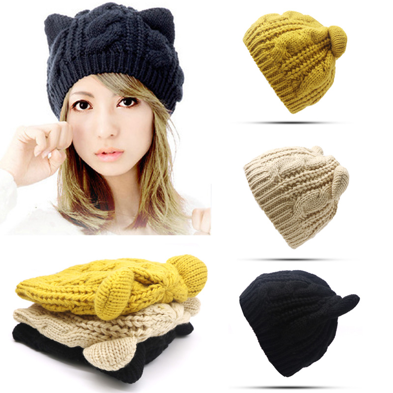 

2 Styles Cute Ear Women Winter Hats Unisex Warm Thick Skullies Beanies for Ladies Hip Hop Caps Cover Head Beanie Solid Color, Color 3
