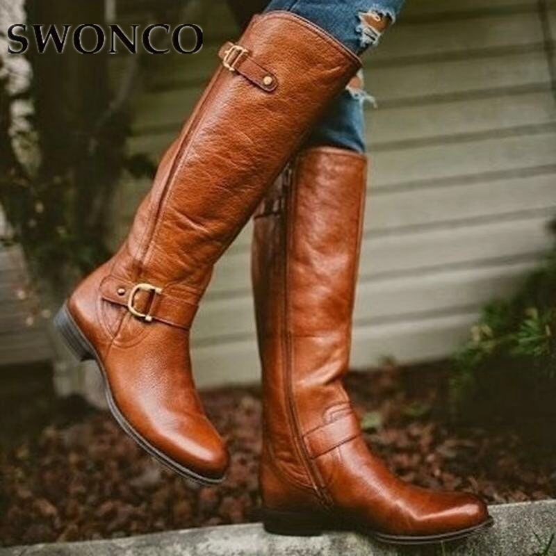 

SWONCO Women Boots Autumn Knee High Boots Retro Leather Brown Windproof Buckle 2020 New Ladies Plus Size 43 42 Riding Shoes Snow