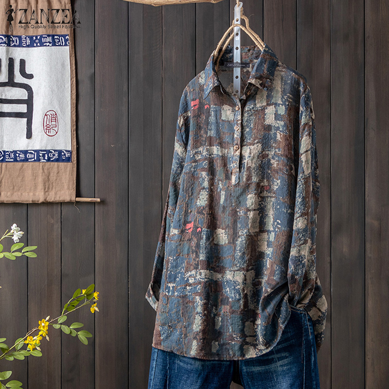 

ZANZEA 2020 Autumn Floral Printed Blouse Women Laple Neck Long Sleeve Tops Vintage Shirts Casual Loose Blusas Femininas Robe, Beige