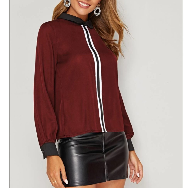 

Women Casual Panelled Shirts Lapel Color Matching Webbing Splicing Long Sleeves Color Collision Chiffon Shirts New Summer 2020, Black