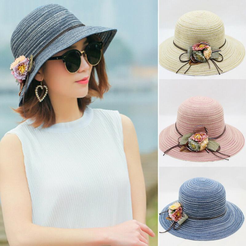 

Women Lady Girl Fashion Summer Beach Medium Brim Foldable Travel Sun Straw Hat Cap Holiday Vacation Casual Flower Design Sun Hat, Pink