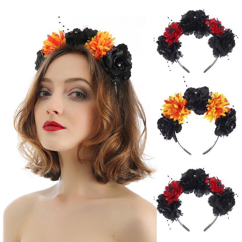 

Halloween Day of The Dead Headband Vintage Artificial Rose Flower Beaded Hair Hoop Crown Scary Spider Cosplay Headpiece