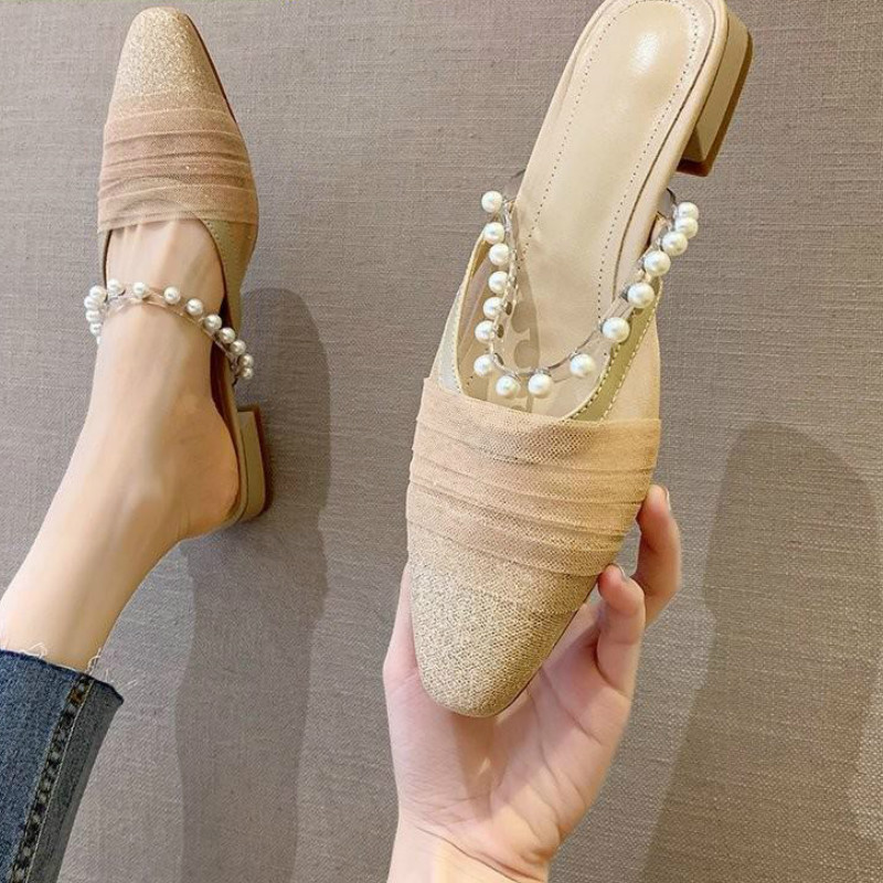 

Low Heel Slippers Women Sequin Breathable Lace Mules Shoes Pearl Band Closed Toe Slippers Women Glitter Sandals Size 35-39, Black