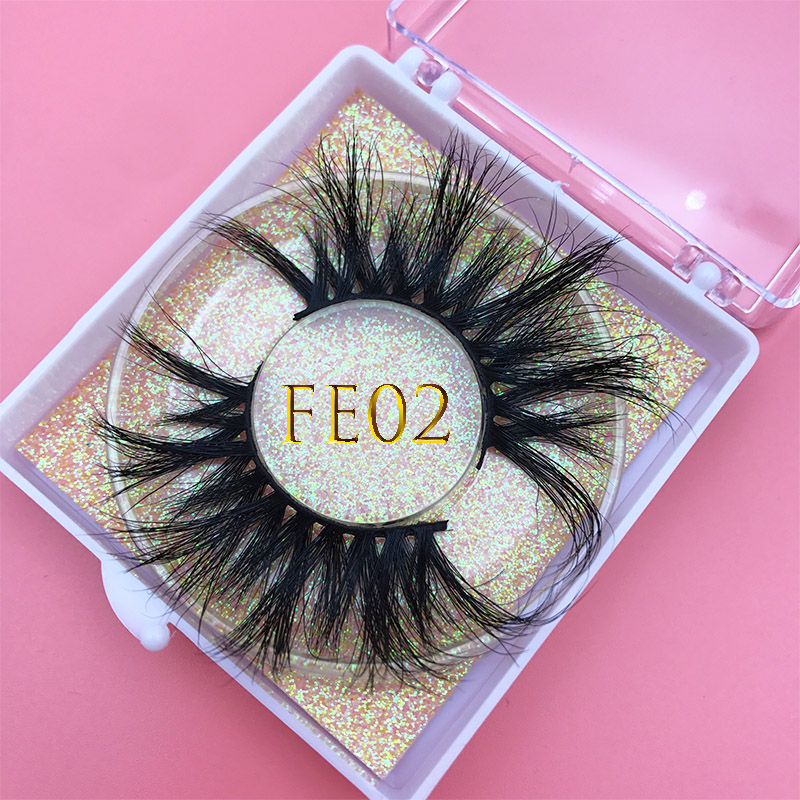 

MIKIWI 25mm FE02 Dramatic Long Soft Mink Eyelashes Thick Stirp Resuable 3D Real Mink Eyelashes Square box Custom Packaging Label