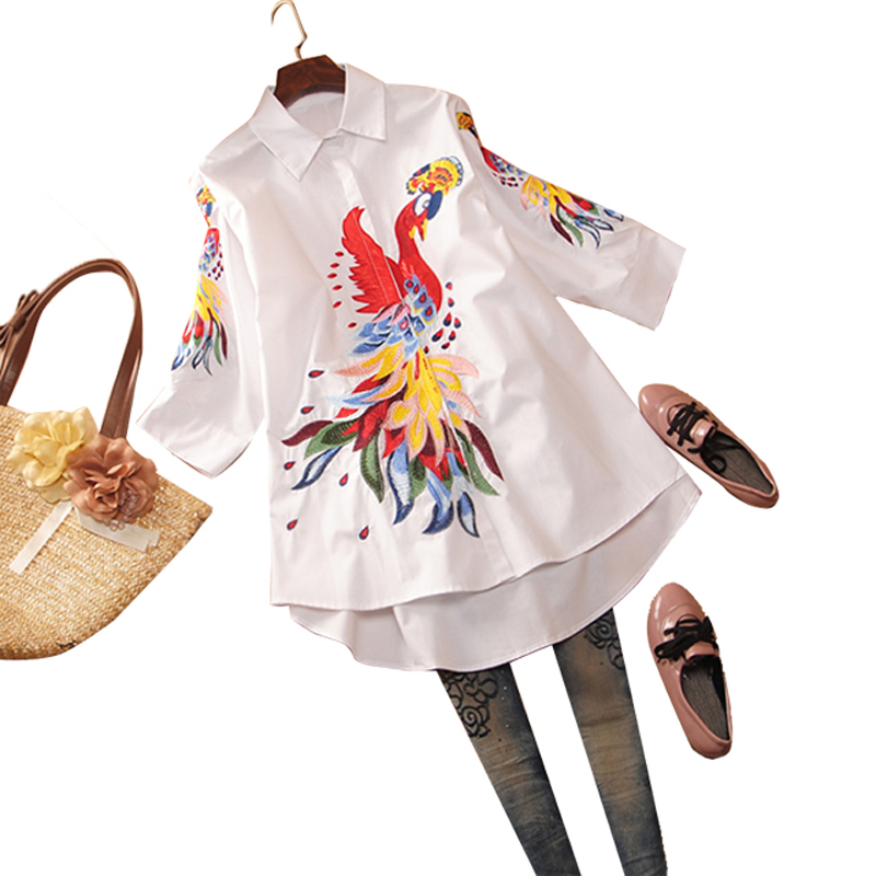 

2020 Women New Spring Peacock Embroidery Fashion Shirt Female Vintage National Loose Casual Plus Size Long Shirt Blouse - 3XL, White