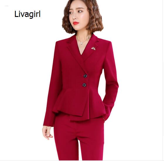 

2020 New fashion design pants suits folding hem long sleeve blazer and pants two pieces set formal work wear, Red pantsuit