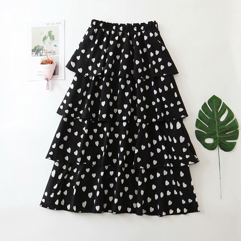 

New Summer Women Skirt High Waist Elastic Love Heart Print Ladies Skirts Pleated Layered Ruffles Femme Plus Size Black White Sai