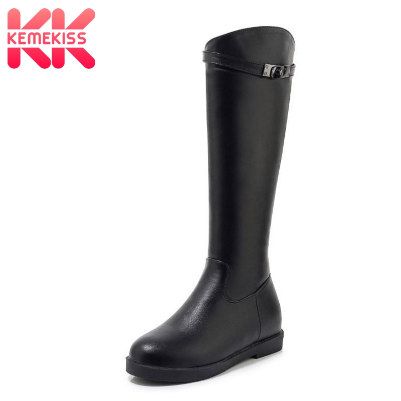 

KemeKiss Women Pu Leather Knee High Boots Round Toe Zipper Winter Shoes Woman Retro Simple Knight Boots Footwear Size 32-43, White with fur
