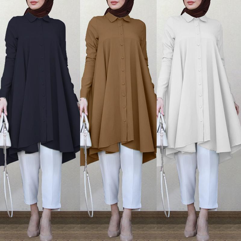 

Vintage Asymmetrical Shirts Women' Autumn Blouse ZANZEA 2020 Casual Long Sleeve Turkish Robe Shirts Female Solid Islam Clothing, Black