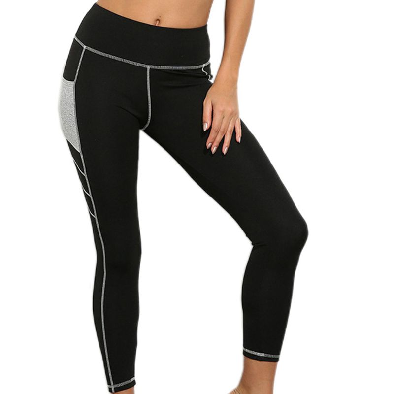 

Women Pocket Yoga Leggings High Waist Tummy Control Color Block Running Tights 24BD, Black