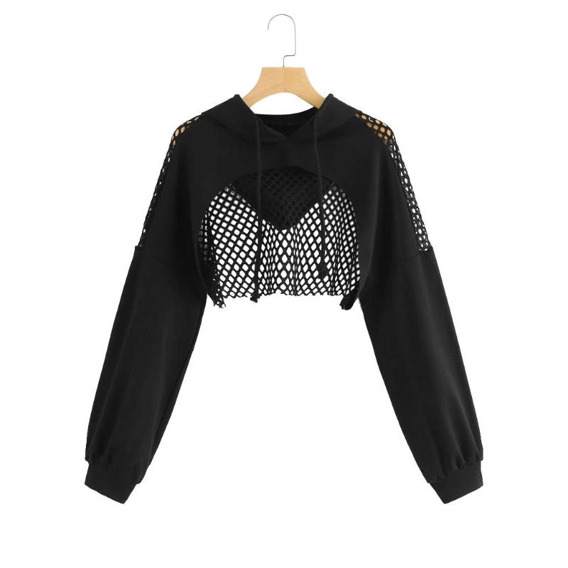 

Women Sweatshirt Hoodies Solid Crop Hoodie Cutout Mesh Insert Cropped Hoodie Sweatshirt Long Sleeve Crop Top #C, Black