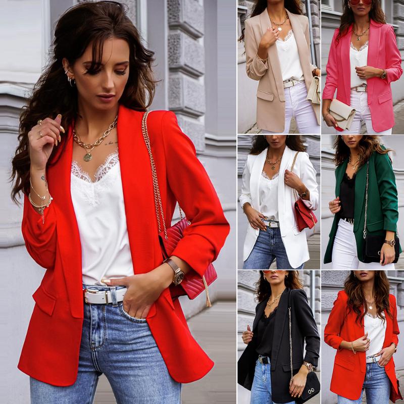 

Autumn New Fashion Blazer Jacket Women Casual Pockets Long Sleeve Work Suit Coat Office Lady Solid Slim Blazers 2020 Abrigos, Black