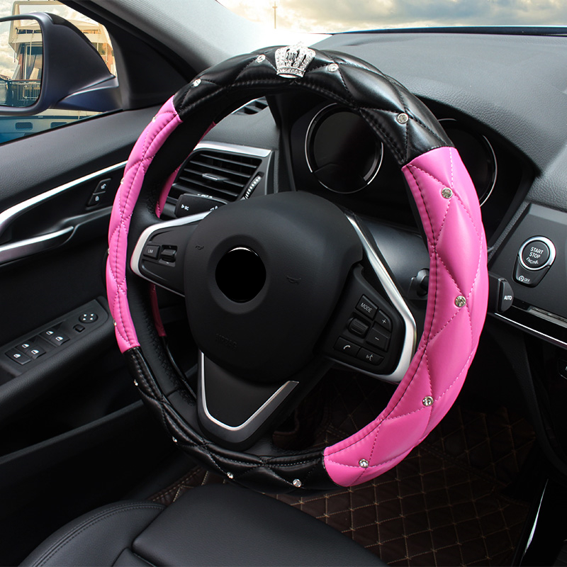 

New car steering wheel cover leather black and white blue purple for women bling diamond car interior accessories 38cm 15 inch