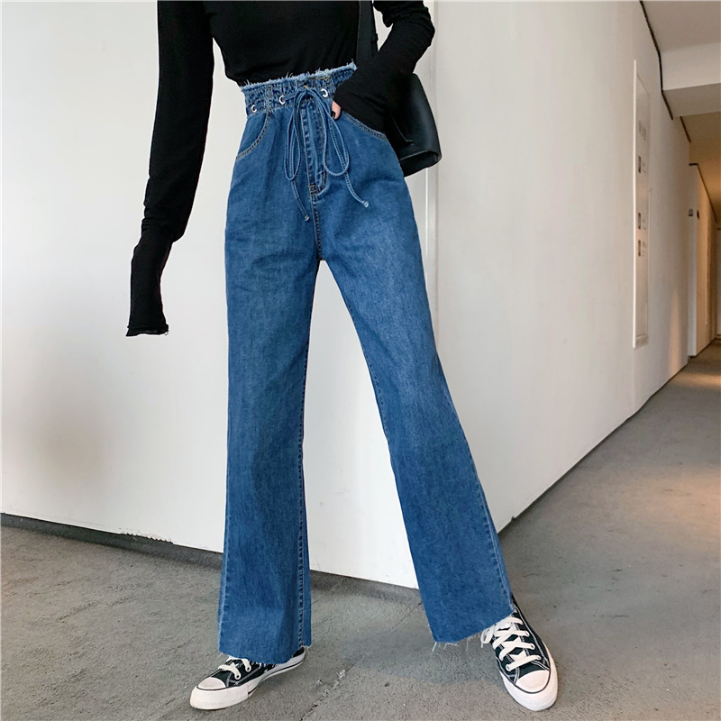 

JUJULAND Women wear baggy jeans with straight leg straps high waists loose blue beautiful drawstring jeans 66191